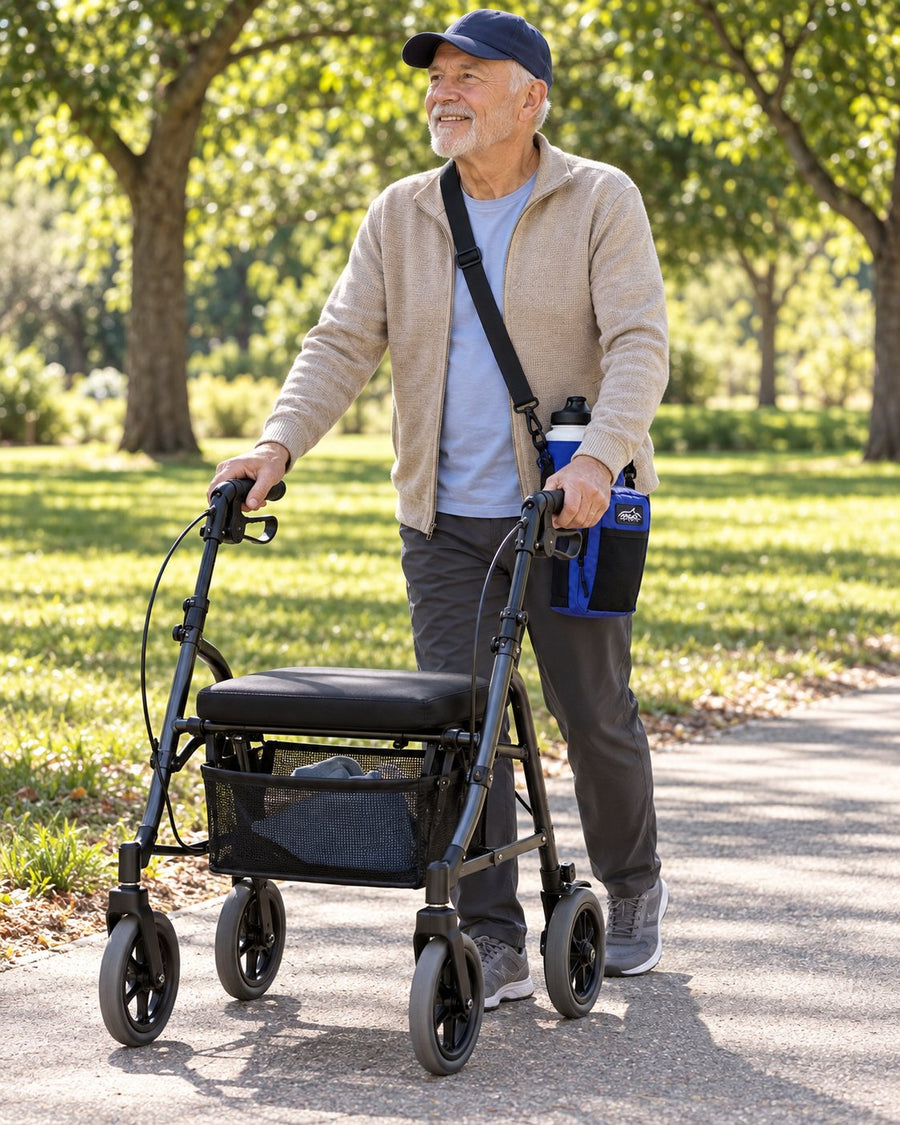 Man walking with a rollator, Hydro Carrier crossbody so both hands stay on the handles
