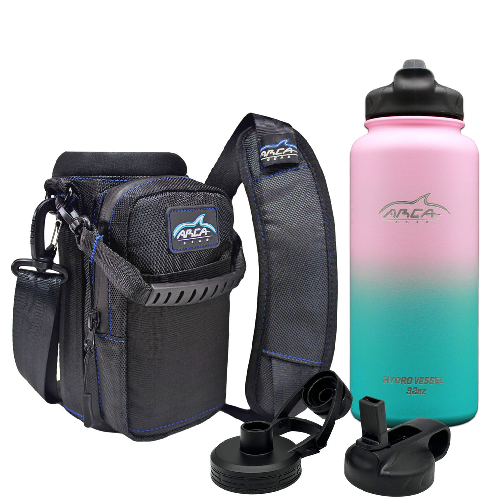 Arca Gear 32 OZ Hydro Vessel & Hydro Carrier Combo Pack - Insulated  Stainless Water Bottle and Carrier - Ombré Pink & Green Bottle - Deep Blue