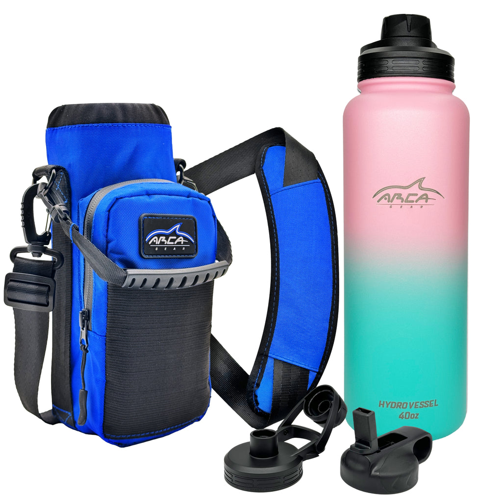 Arca Gear 32 OZ Hydro Vessel & Hydro Carrier Combo Pack - Insulated  Stainless Water Bottle and Carrier - Ombré Pink & Green Bottle - Deep Blue