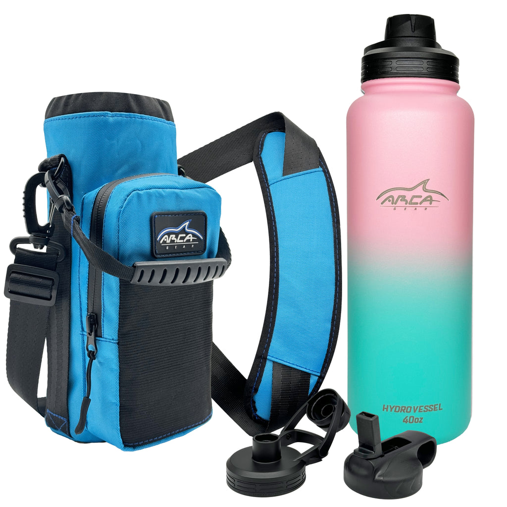 Arca Gear 32 OZ Hydro Vessel & Hydro Carrier Combo Pack - Insulated  Stainless Water Bottle and Carrier - Ombré Pink & Green Bottle - Deep Blue