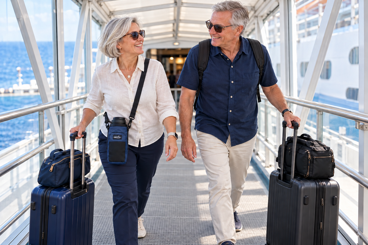 Couple walking up the gangway with their luggage, Hydro Carrier across her body