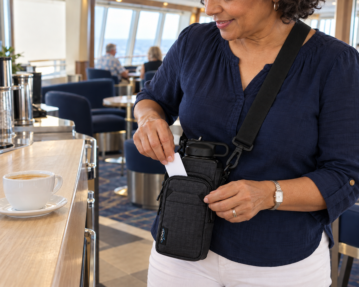 Tucking a cruise card into the Hydro Carrier pocket at the ship cafe