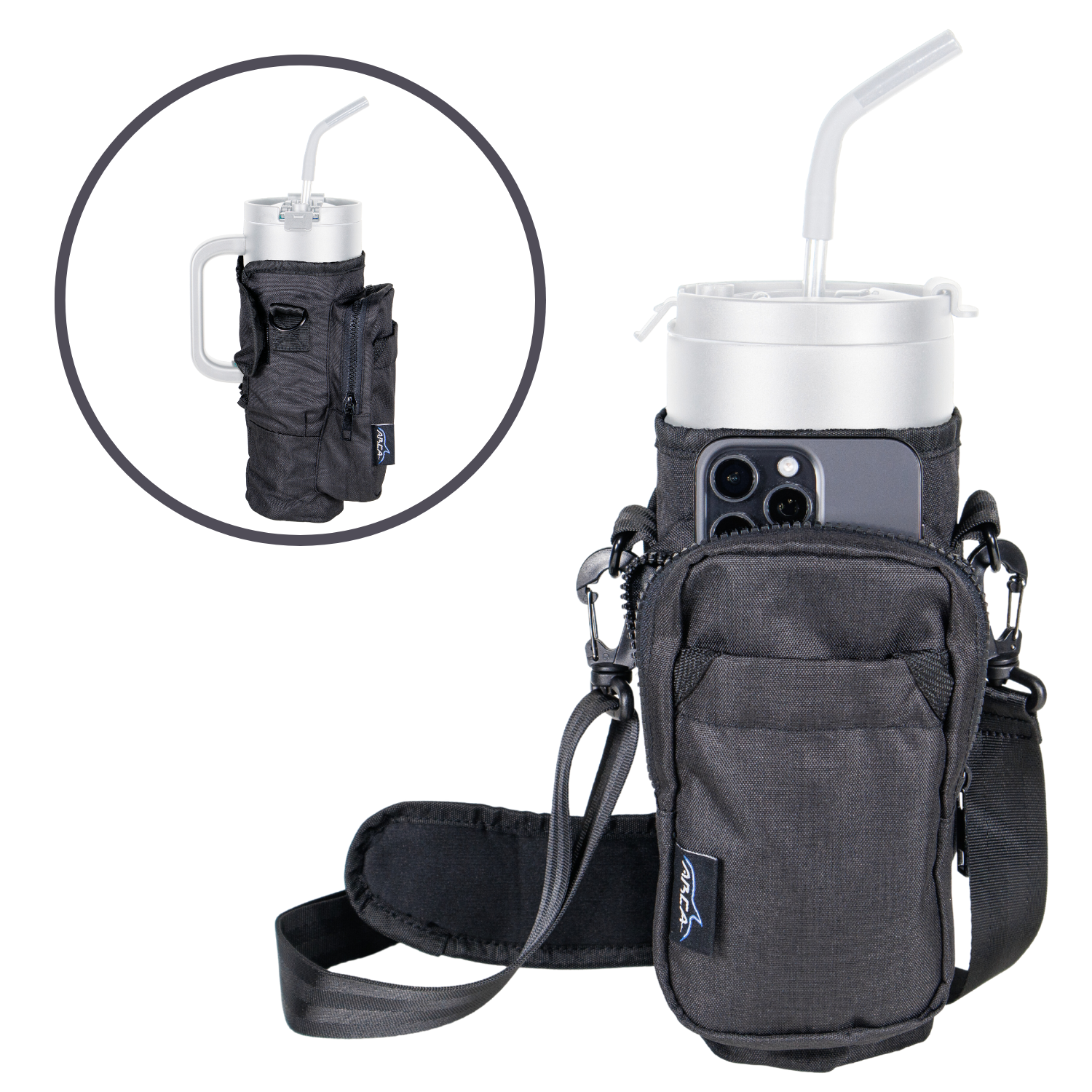 Zero Grid Insulated Water Bottle Sling Carrier - Fits 32oz Bottles, RFID-Blocking Pocket For Phone, Adjustable Crossbody (Grey)