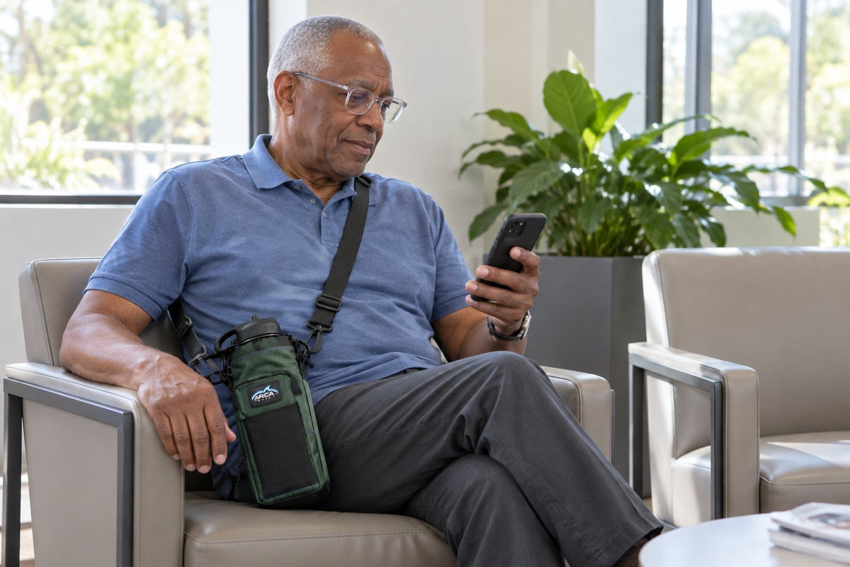 Man checking his phone in a waiting room, Hydro Carrier at his side