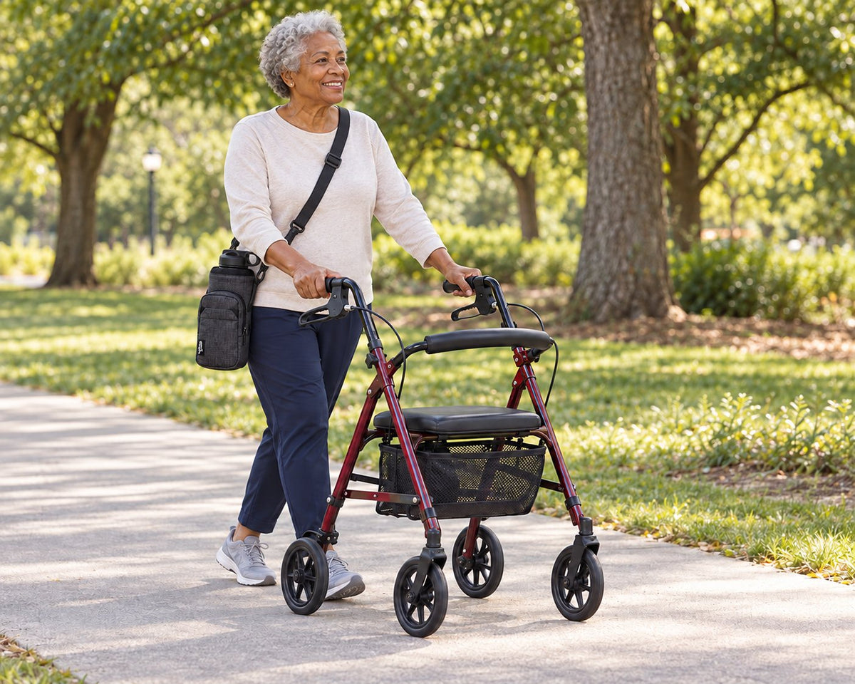 Woman walking with a rollator, black Hydro Carrier across her body