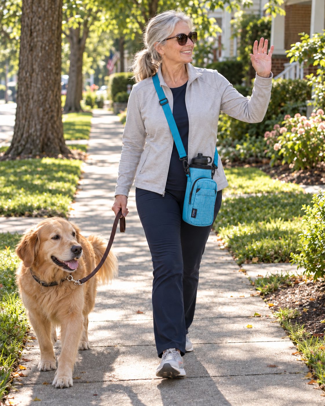 Walking her golden retriever with a 40 oz bottle in an aqua Hydro Carrier