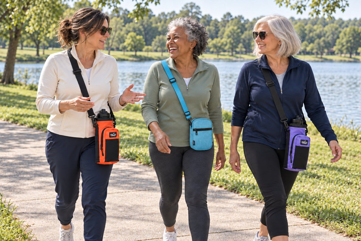Three friends on a lakeside walk, each with a different size Hydro Carrier