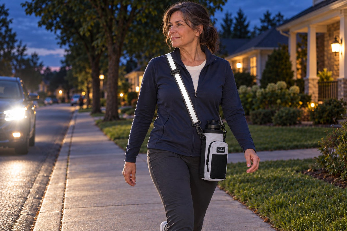 Evening walk with the reflective shoulder strap catching the light